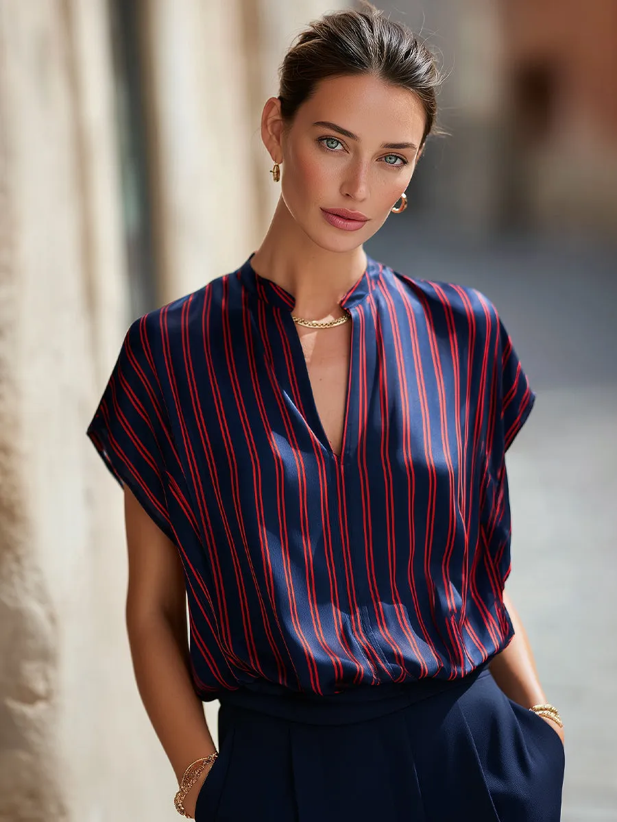 Stand Collar Split Neck Striped Satin Dolman Blouse sold by Mooyius product image thumbnail 2