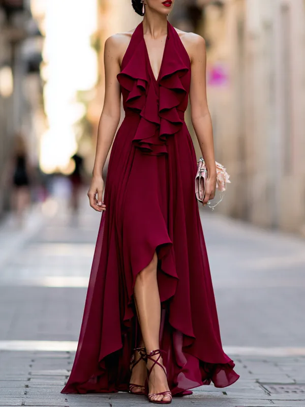 Flowy Chiffon Halter Maxi Dress With Ruffle Detail made by Mooyius