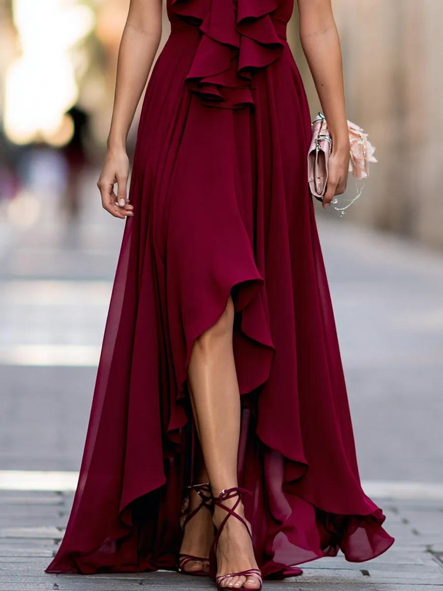 Flowy Chiffon Halter Maxi Dress With Ruffle Detail sold by Mooyius product image thumbnail 4