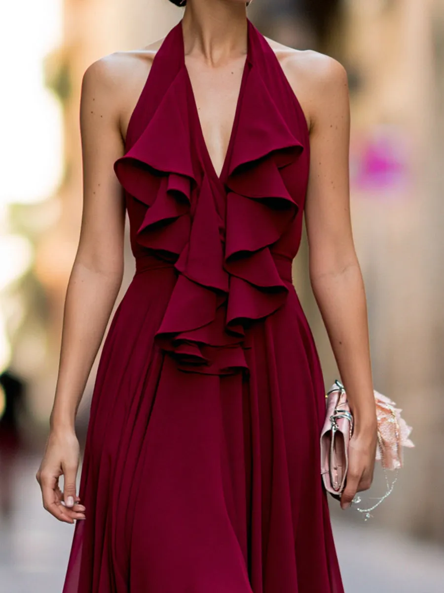 Flowy Chiffon Halter Maxi Dress With Ruffle Detail sold by Mooyius product image thumbnail 3