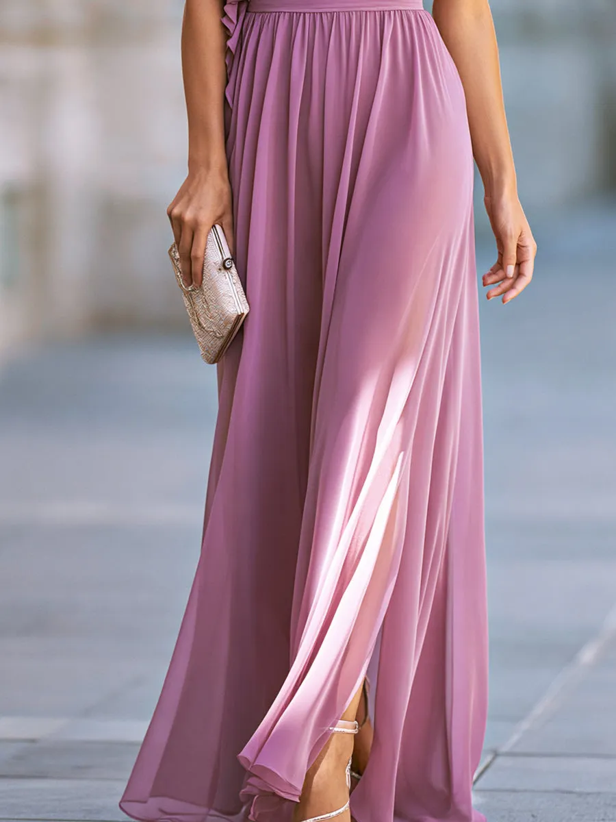 One-Shoulder Ruffle Chiffon Maxi Dress With Pleated Bodice sold by Mooyius product image thumbnail 4