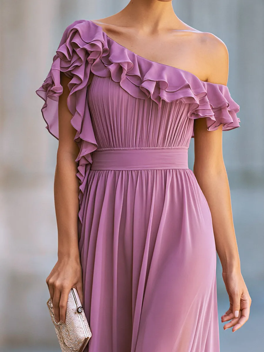One-Shoulder Ruffle Chiffon Maxi Dress With Pleated Bodice sold by Mooyius product image thumbnail 3