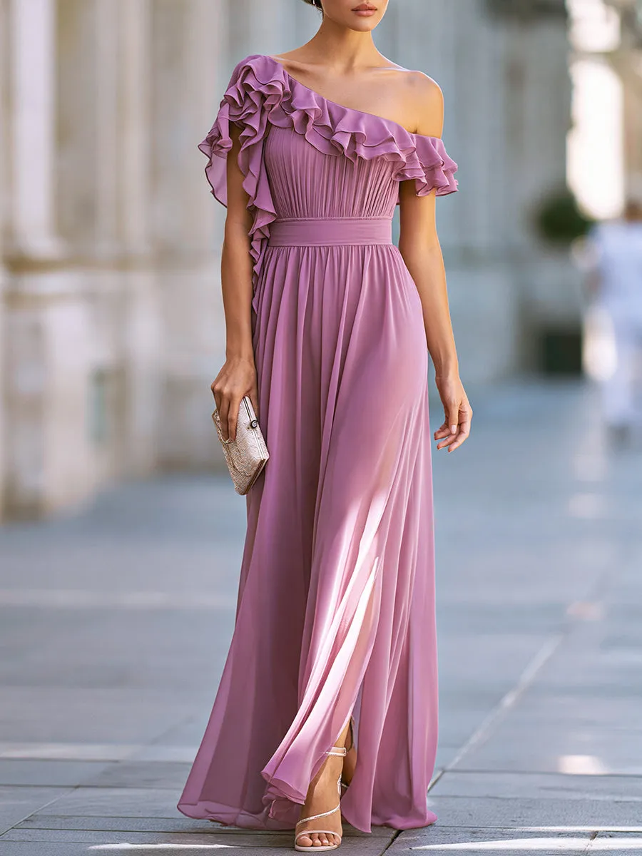 One-Shoulder Ruffle Chiffon Maxi Dress With Pleated Bodice sold by Mooyius