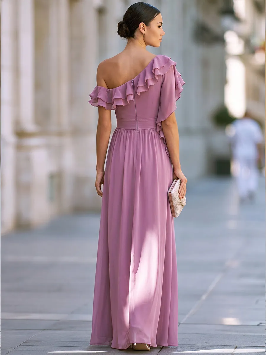 One-Shoulder Ruffle Chiffon Maxi Dress With Pleated Bodice sold by Mooyius product image thumbnail 5