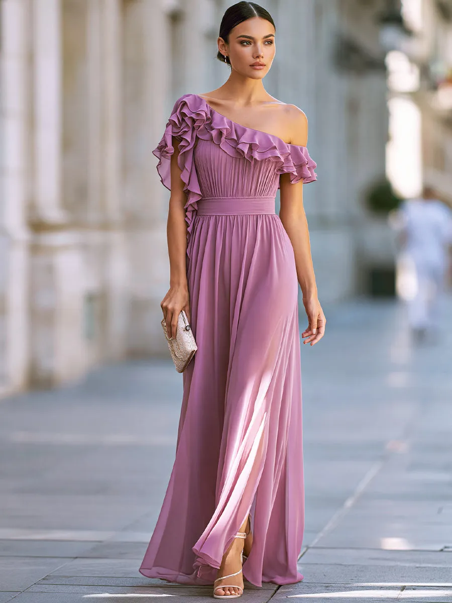 One-Shoulder Ruffle Chiffon Maxi Dress With Pleated Bodice sold by Mooyius product image thumbnail 2