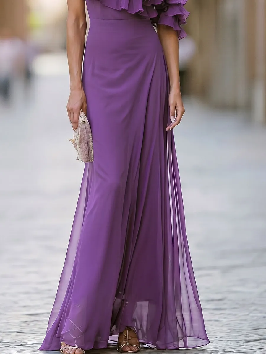 Chiffon One-Shoulder Ruffle Maxi Dress sold by Mooyius product image thumbnail 3