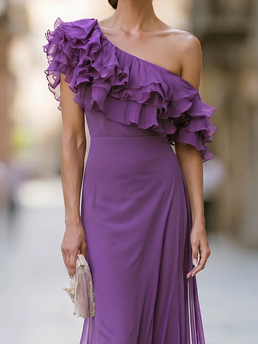 Chiffon One-Shoulder Ruffle Maxi Dress sold by Mooyius product image thumbnail 2