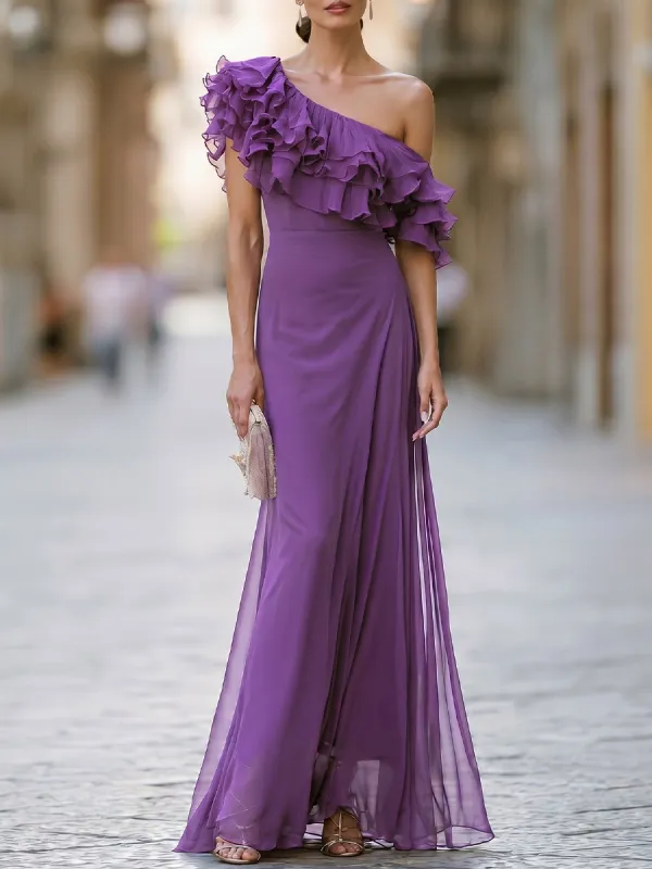 Chiffon One-Shoulder Ruffle Maxi Dress made by Mooyius
