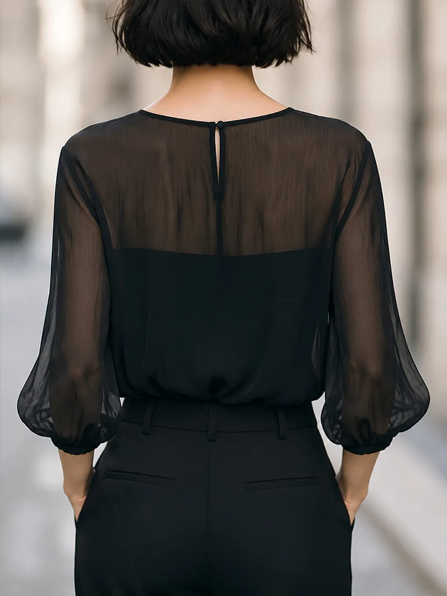 Sheer Puff Sleeve High-Neck Blouse sold by Mooyius product image thumbnail 5