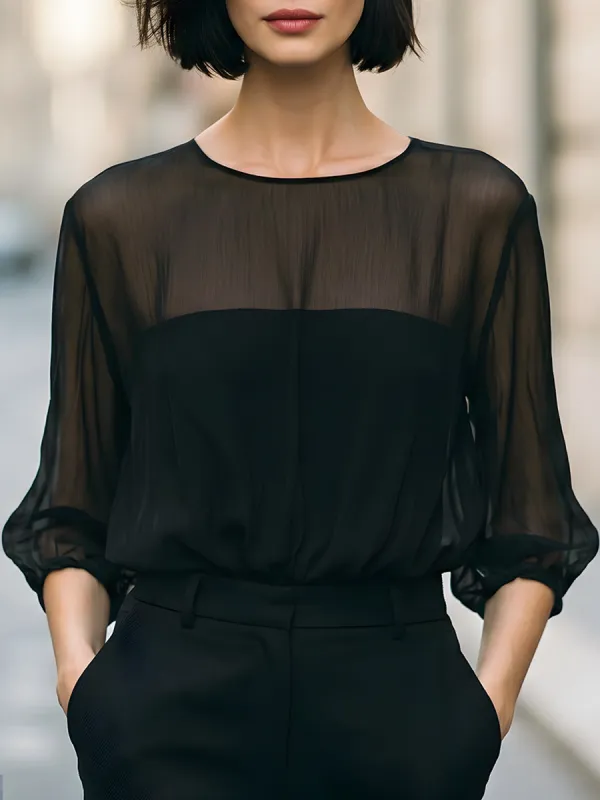 Sheer Puff Sleeve High-Neck Blouse made by Mooyius