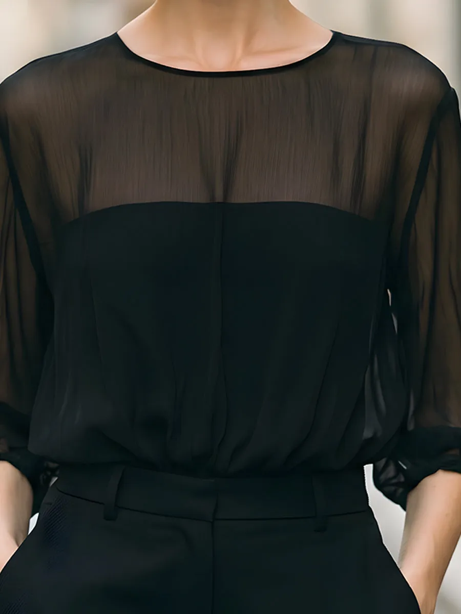Sheer Puff Sleeve High-Neck Blouse sold by Mooyius product image thumbnail 4