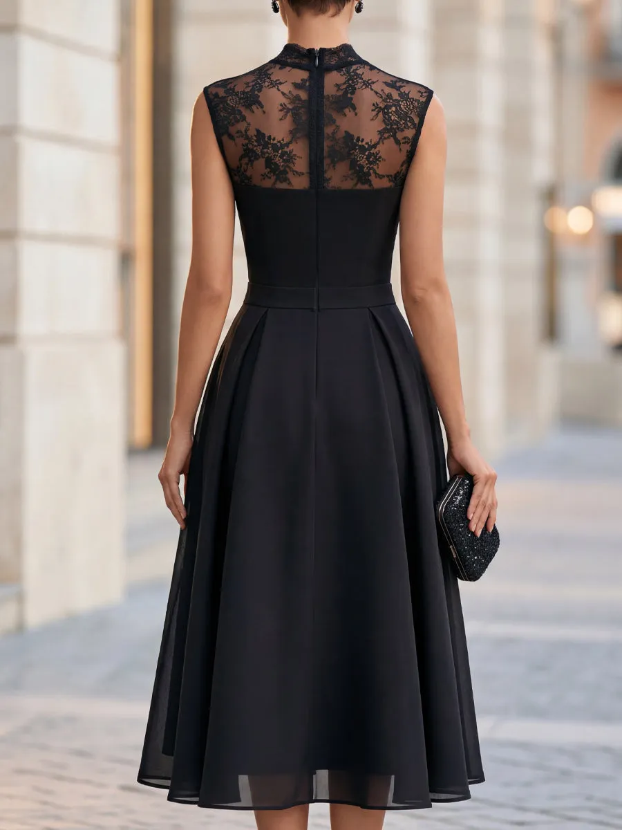 Elegant Lace Neck Organza-Overlay A-Line Midi Dress sold by Mooyius product image thumbnail 4