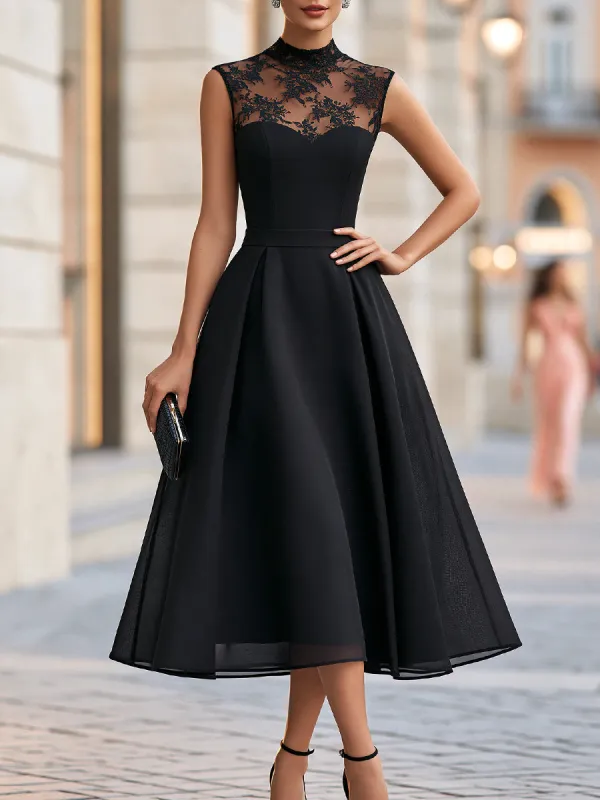 Elegant Lace Neck Organza-Overlay A-Line Midi Dress made by Mooyius