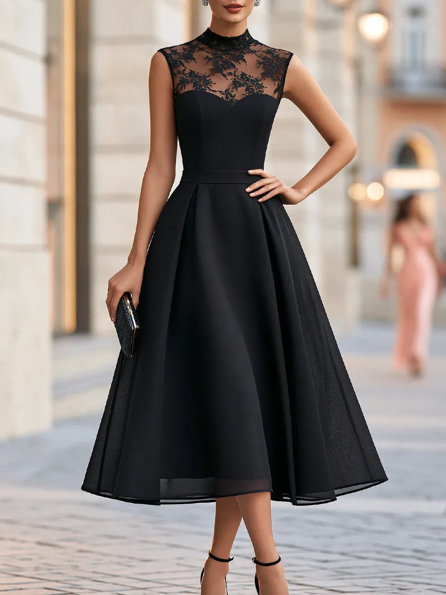 Elegant Lace Neck Organza-Overlay A-Line Midi Dress sold by Mooyius