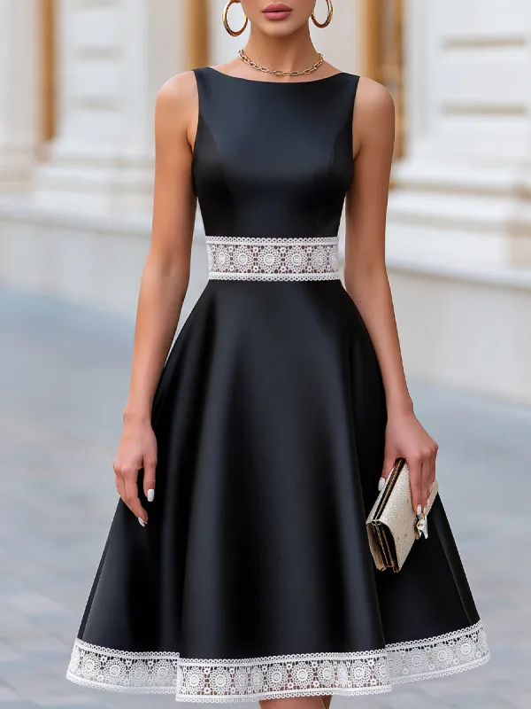 Elegant Lace Trim Fit-and-Flare Satin Midi Dress made by Mooyius