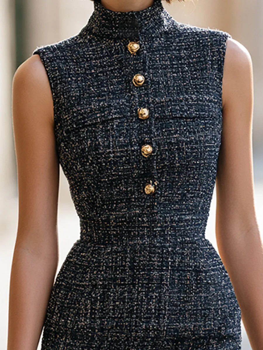 Sleeveless Gold-Button Tweed Sheath Dress sold by Mooyius product image thumbnail 4