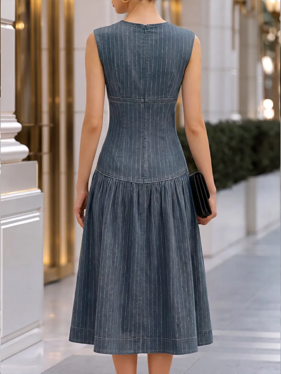 Striped Denim V-Neck Sleeveless Midi Dress sold by Mooyius product image thumbnail 4