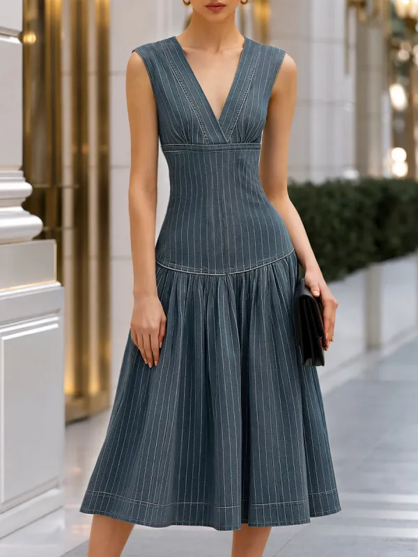 Striped Denim V-Neck Sleeveless Midi Dress made by Mooyius