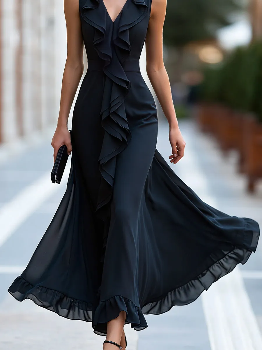 Elegant Front Ruffle Trim Chiffon Maxi Dress sold by Mooyius product image thumbnail 3