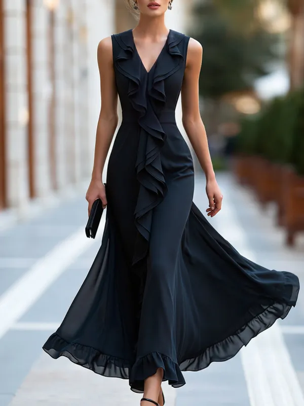 Elegant Front Ruffle Trim Chiffon Maxi Dress made by Mooyius