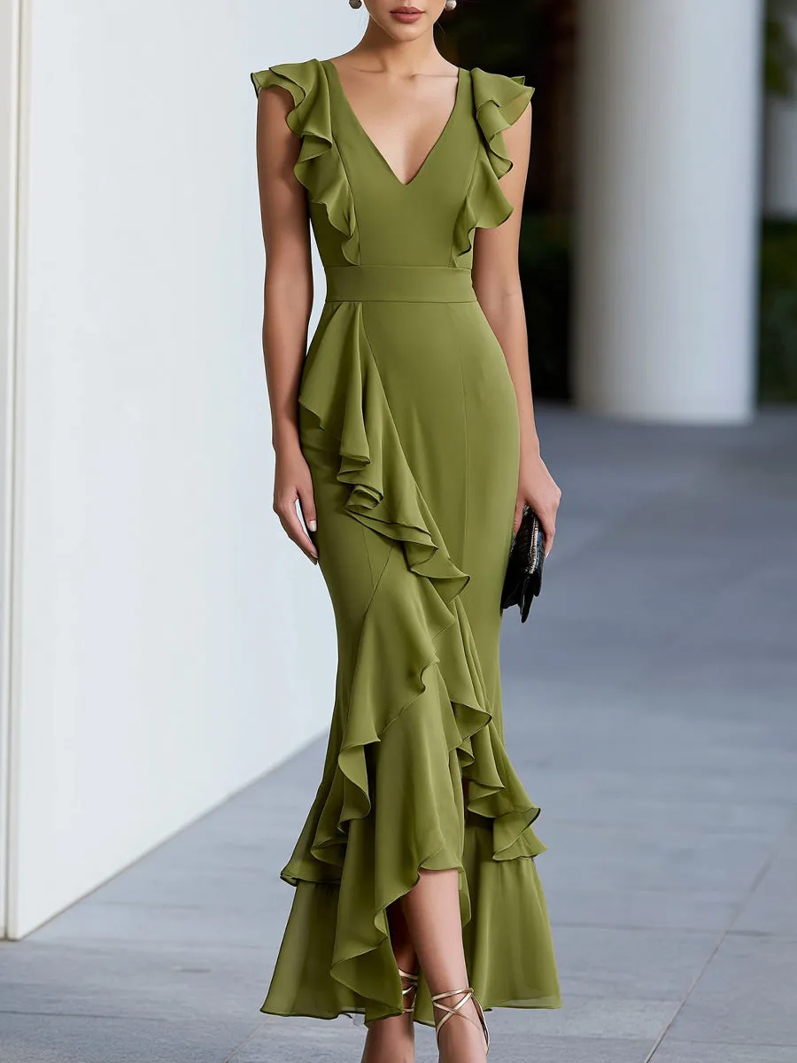 Layered Ruffles V-Neck Flowing Maxi Dress sold by Mooyius