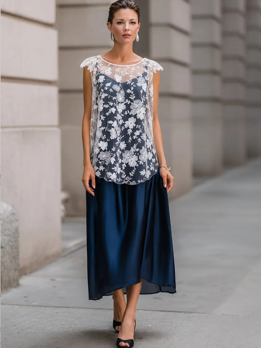 White Floral Lace Overlay Top & Navy Satin Midi Skirt Set sold by Mooyius product image thumbnail 2