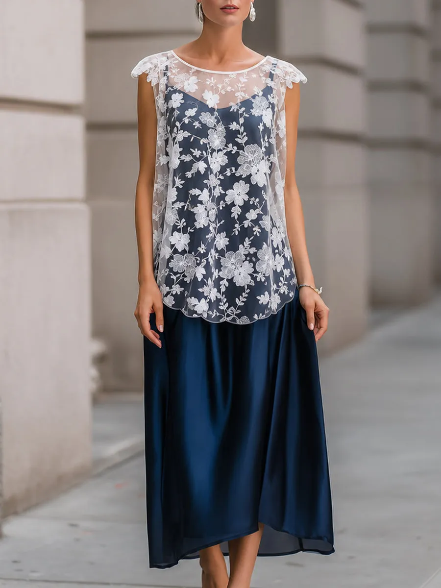 White Floral Lace Overlay Top & Navy Satin Midi Skirt Set sold by Mooyius