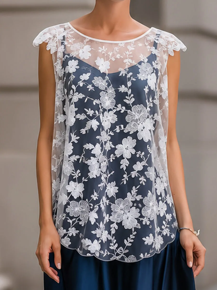 White Floral Lace Overlay Top & Navy Satin Midi Skirt Set sold by Mooyius product image thumbnail 3