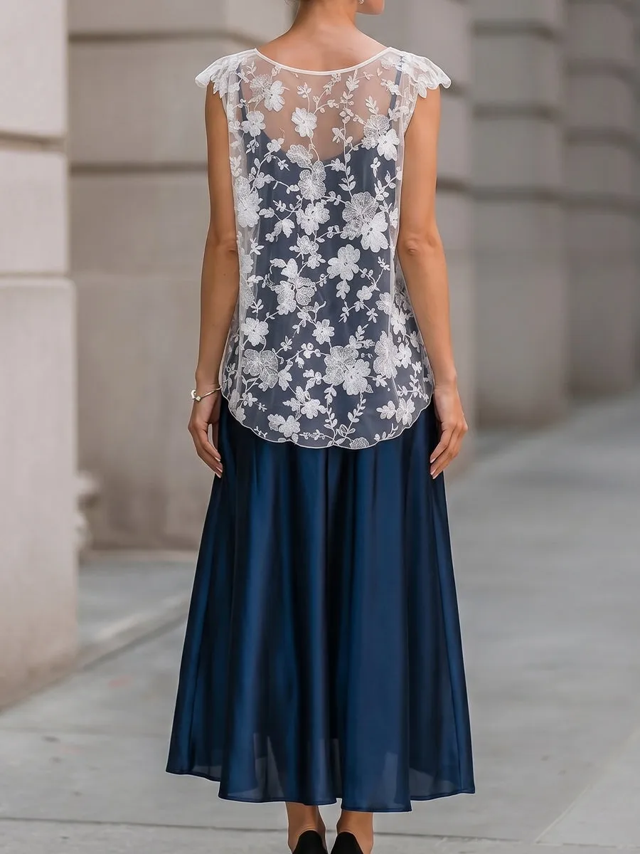 White Floral Lace Overlay Top & Navy Satin Midi Skirt Set sold by Mooyius product image thumbnail 5