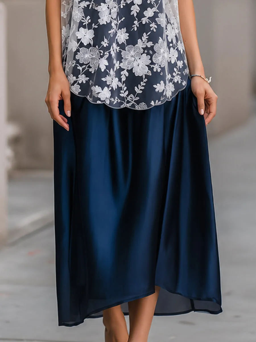 White Floral Lace Overlay Top & Navy Satin Midi Skirt Set sold by Mooyius product image thumbnail 4