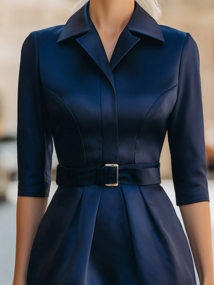 Elegant Tailored Satin Shirt Dress With Waist Belt sold by Mooyius product image thumbnail 3