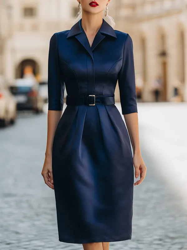 Elegant Tailored Satin Shirt Dress With Waist Belt made by Mooyius