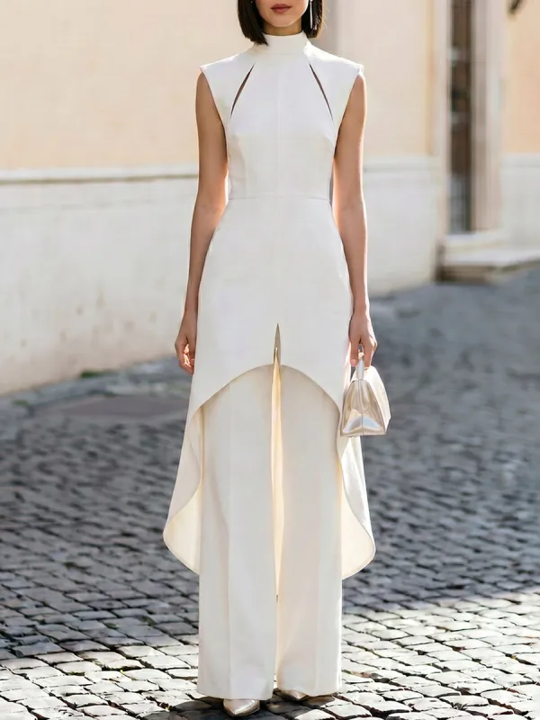 Sleeveless High-Neck Structured Jumpsuit With High-Low Overlay And Wide-Leg Trousers made by Mooyius