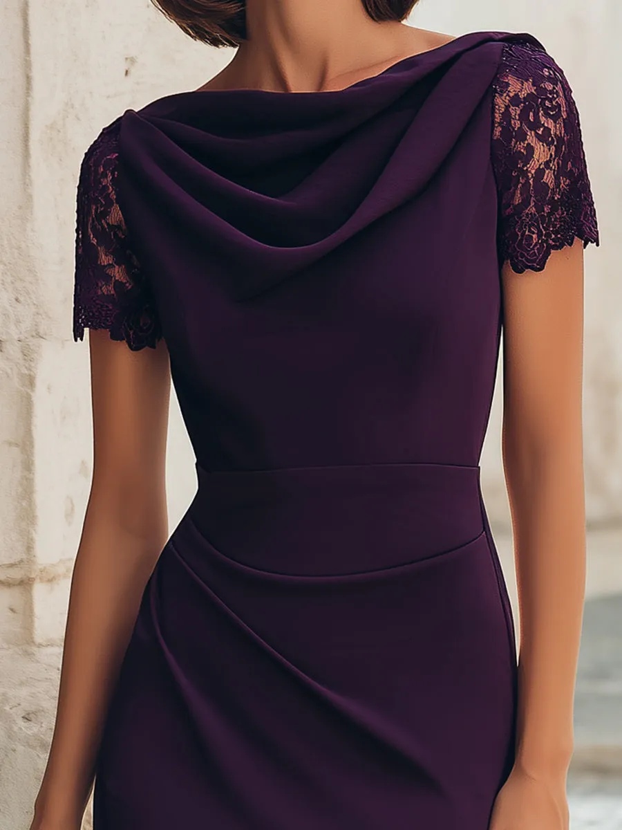 Ruched Waist Cowl Neck Lace Sleeve Pencil Midi Dress sold by Mooyius product image thumbnail 3