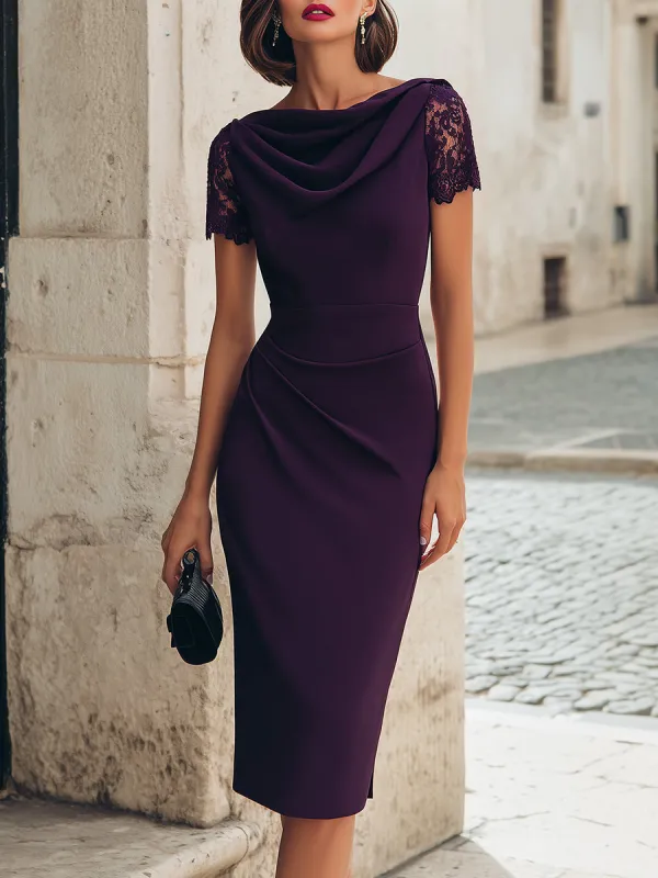 Ruched Waist Cowl Neck Lace Sleeve Pencil Midi Dress made by Mooyius