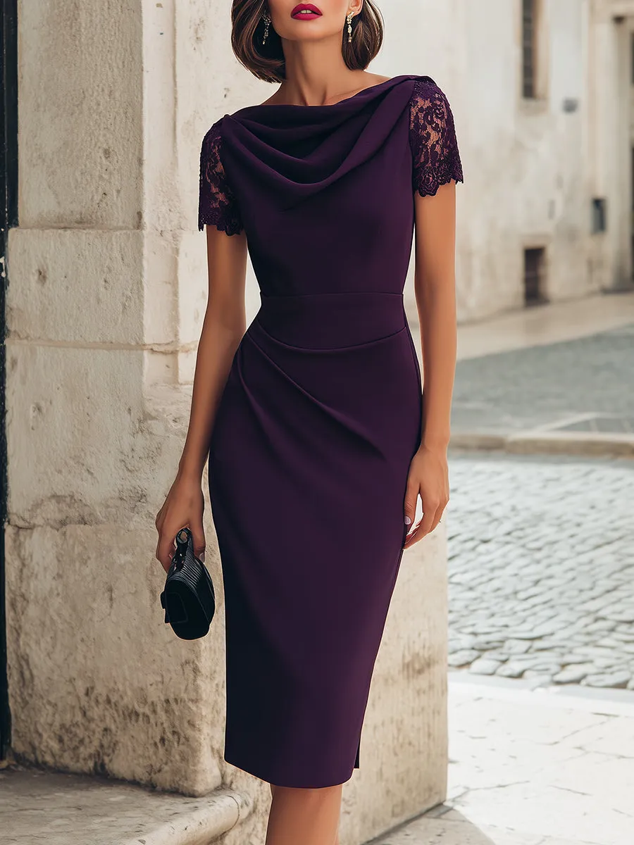 Ruched Waist Cowl Neck Lace Sleeve Pencil Midi Dress sold by Mooyius