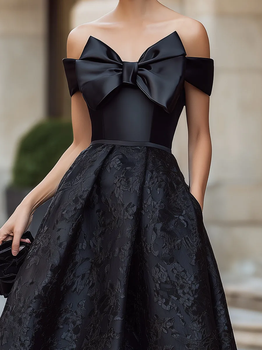 Vintage Jacquard Off-the-Shoulder Bow Formal Midi Gown sold by Mooyius product image thumbnail 3