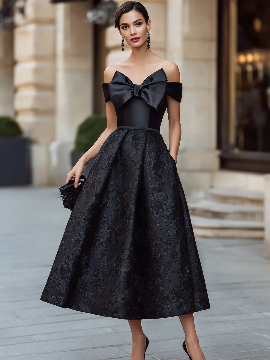 Vintage Jacquard Off-the-Shoulder Bow Formal Midi Gown sold by Mooyius product image thumbnail 2