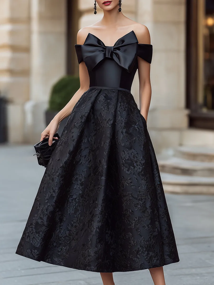 Vintage Jacquard Off-the-Shoulder Bow Formal Midi Gown sold by Mooyius