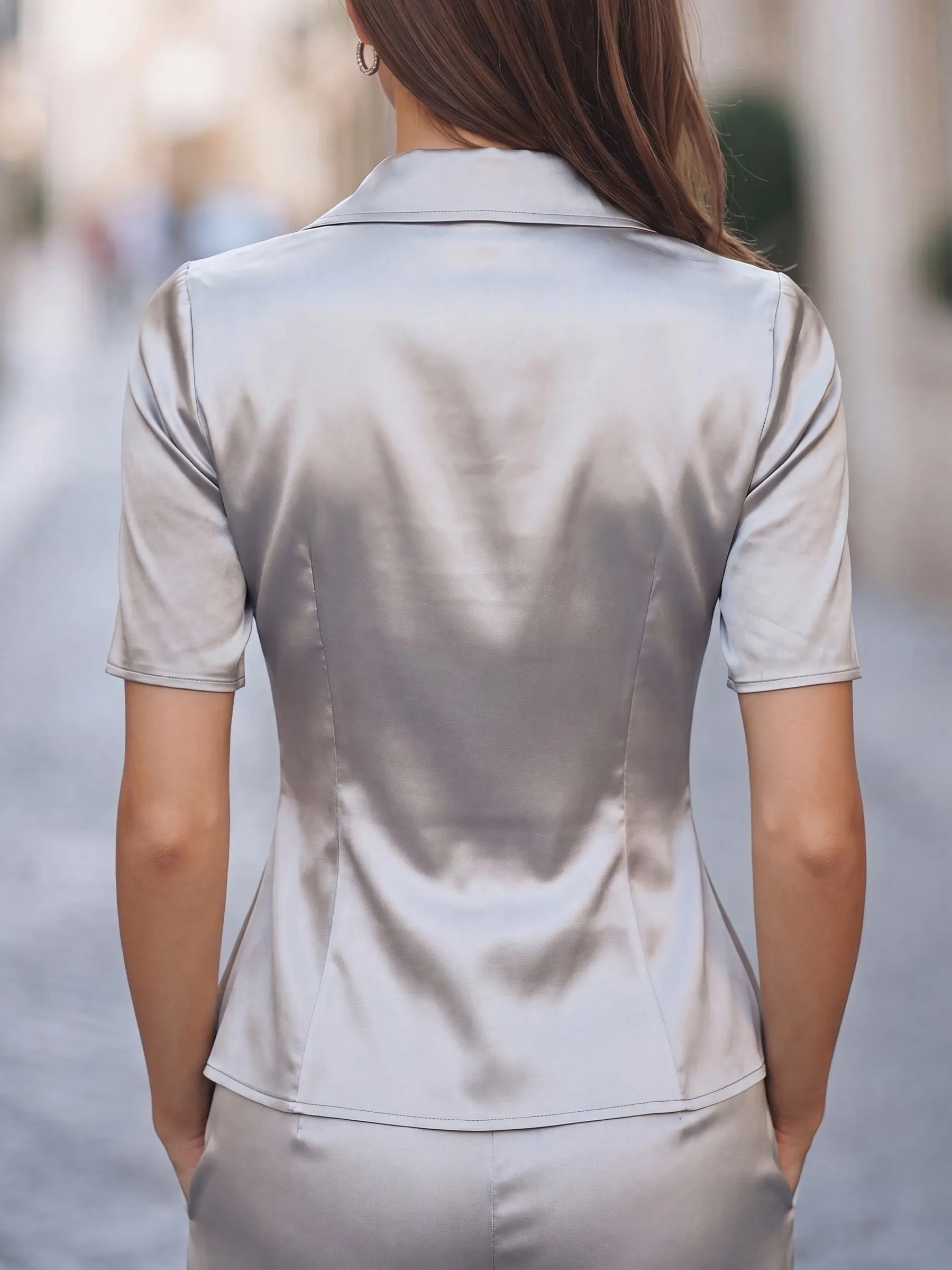 Satin Button-Down Short-Sleeve Peplum Top sold by Mooyius product image thumbnail 2