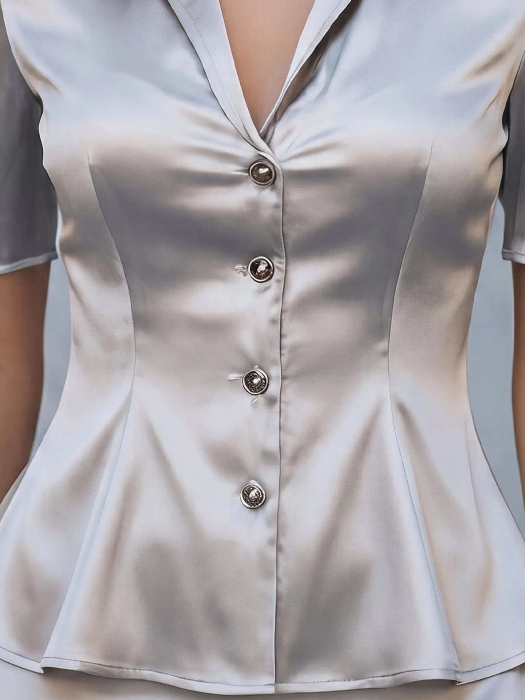 Satin Button-Down Short-Sleeve Peplum Top sold by Mooyius product image thumbnail 5