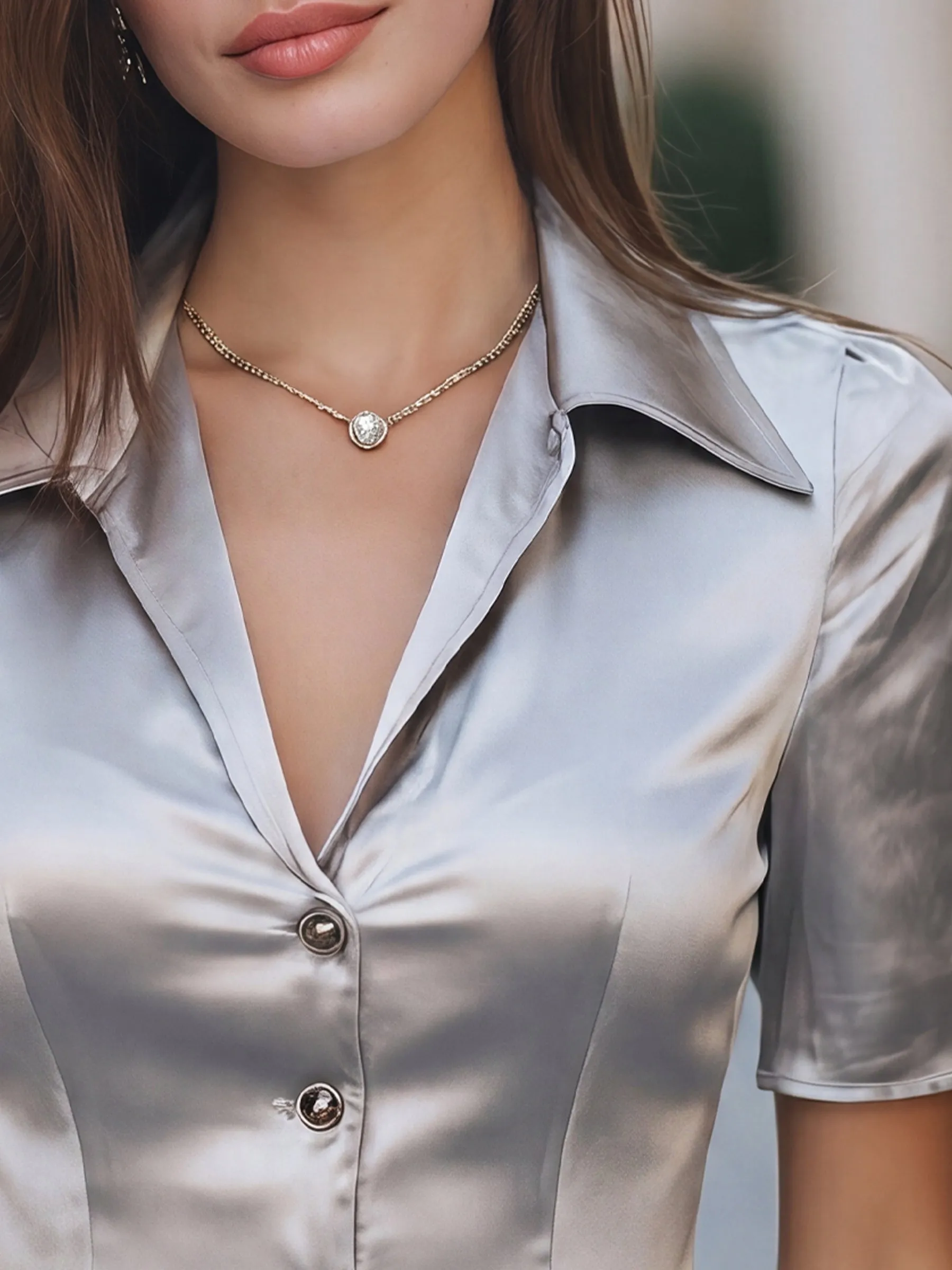 Satin Button-Down Short-Sleeve Peplum Top sold by Mooyius product image thumbnail 4