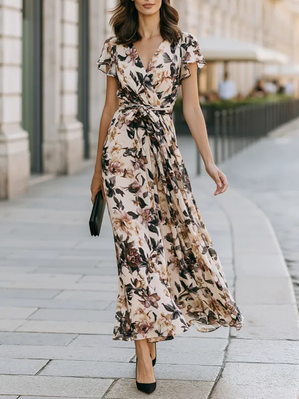 Elegant Floral Wrap Maxi Dress With Tie Waist And Flutter Sleeves made by Mooyius