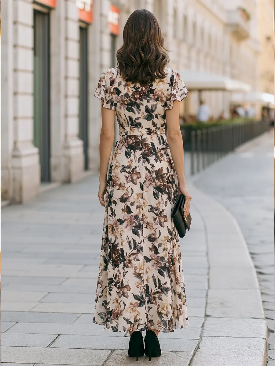 Elegant Floral Wrap Maxi Dress With Tie Waist And Flutter Sleeves sold by Mooyius product image thumbnail 5