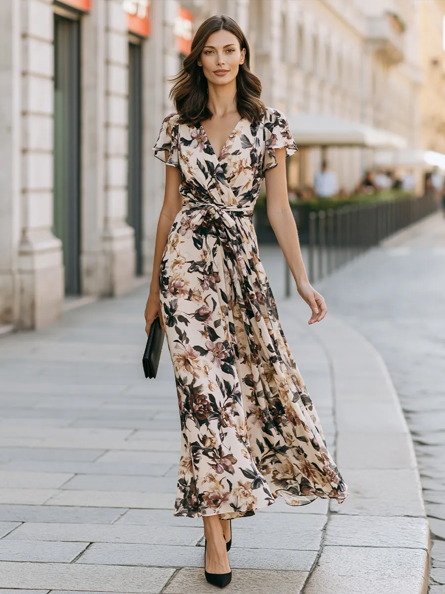 Elegant Floral Wrap Maxi Dress With Tie Waist And Flutter Sleeves sold by Mooyius product image thumbnail 2