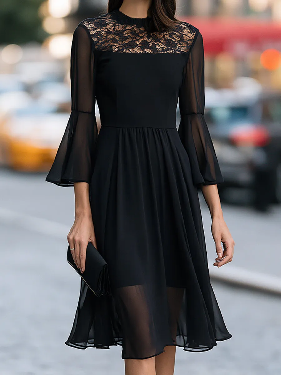Elegant Sheer Lace Yoke Midi Dress With Flared Sleeves sold by Mooyius product image thumbnail 2