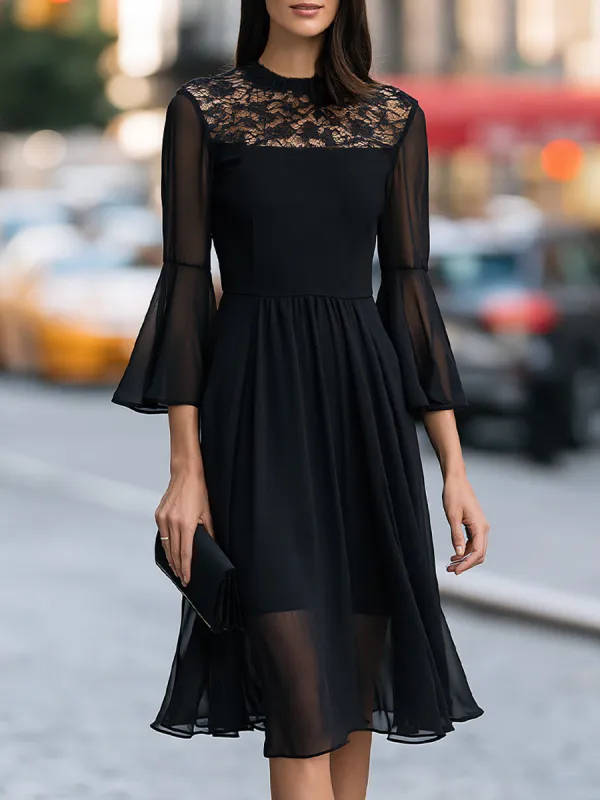 Elegant Sheer Lace Yoke Midi Dress With Flared Sleeves made by Mooyius