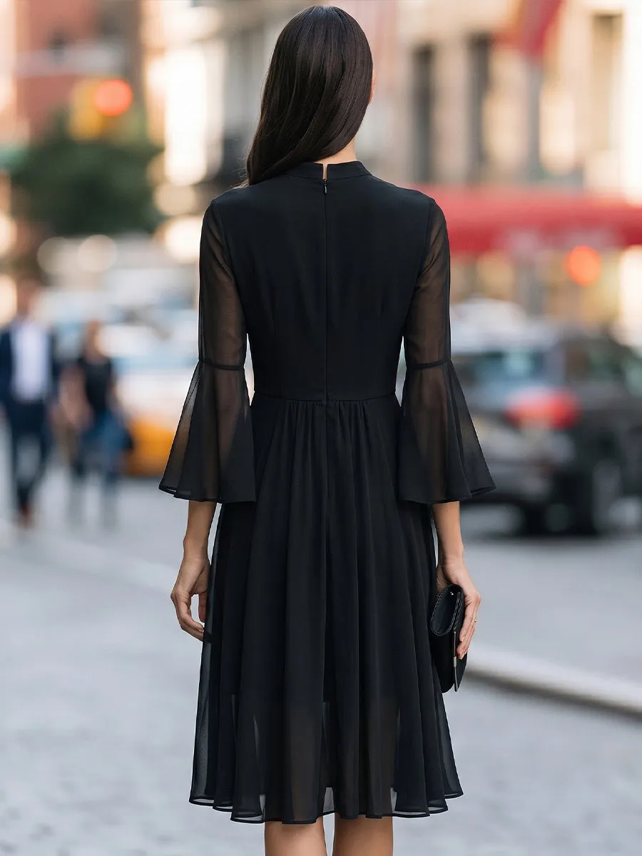 Elegant Sheer Lace Yoke Midi Dress With Flared Sleeves sold by Mooyius product image thumbnail 5