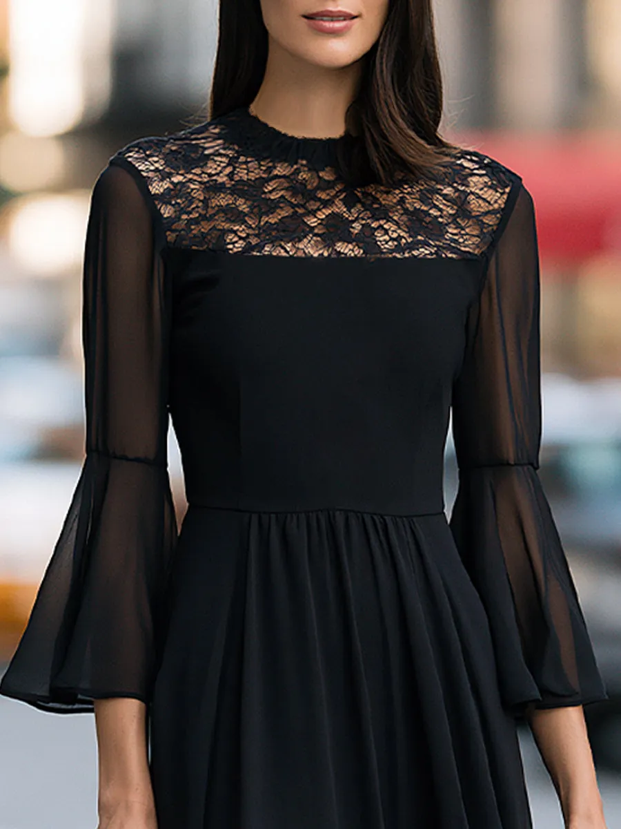 Elegant Sheer Lace Yoke Midi Dress With Flared Sleeves sold by Mooyius product image thumbnail 3