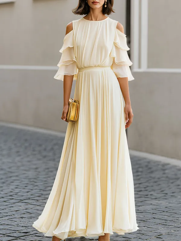 Cold Shoulder Layered Sleeve Chiffon Maxi Dress Flowing Pleats made by Mooyius